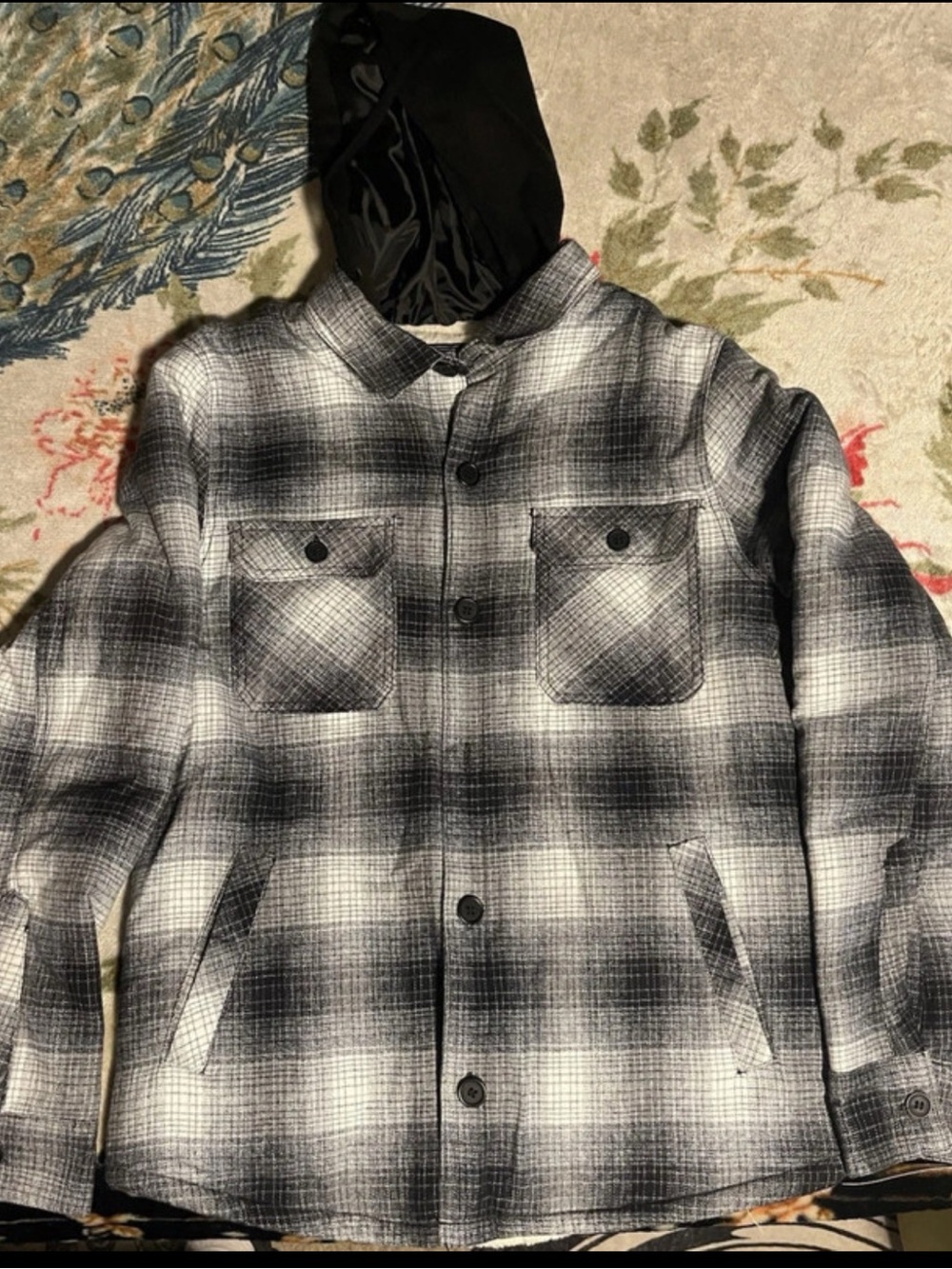 American Rag Black & Gray Plaid Hooded Shirt Jacket